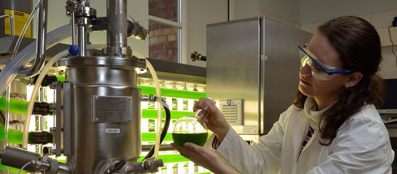 a woman in a lab with microalgae